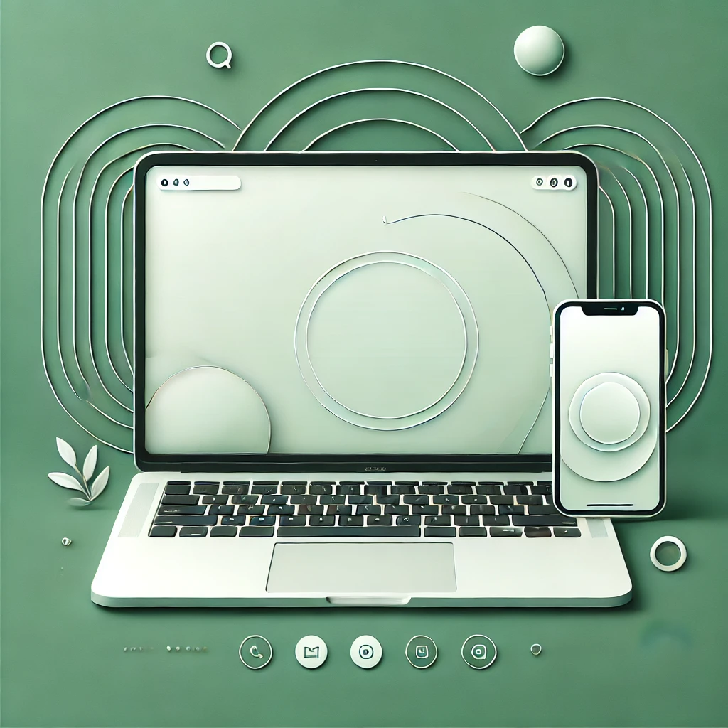 Dall·e 2025 02 13 08.32.02 An Image With Dimensions 853x320 Featuring A Macbook Screen In The Center And An Iphone Beside It. The Background Is Green, Creating A Clean And Moder