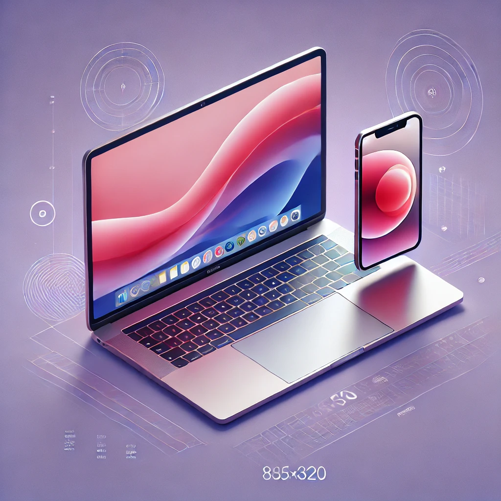 Dall·e 2025 02 13 08.32.21 An Image With Dimensions 853x320 Featuring A Macbook Screen In The Center And An Iphone Beside It. The Background Is Purple, Creating A Clean And Mode