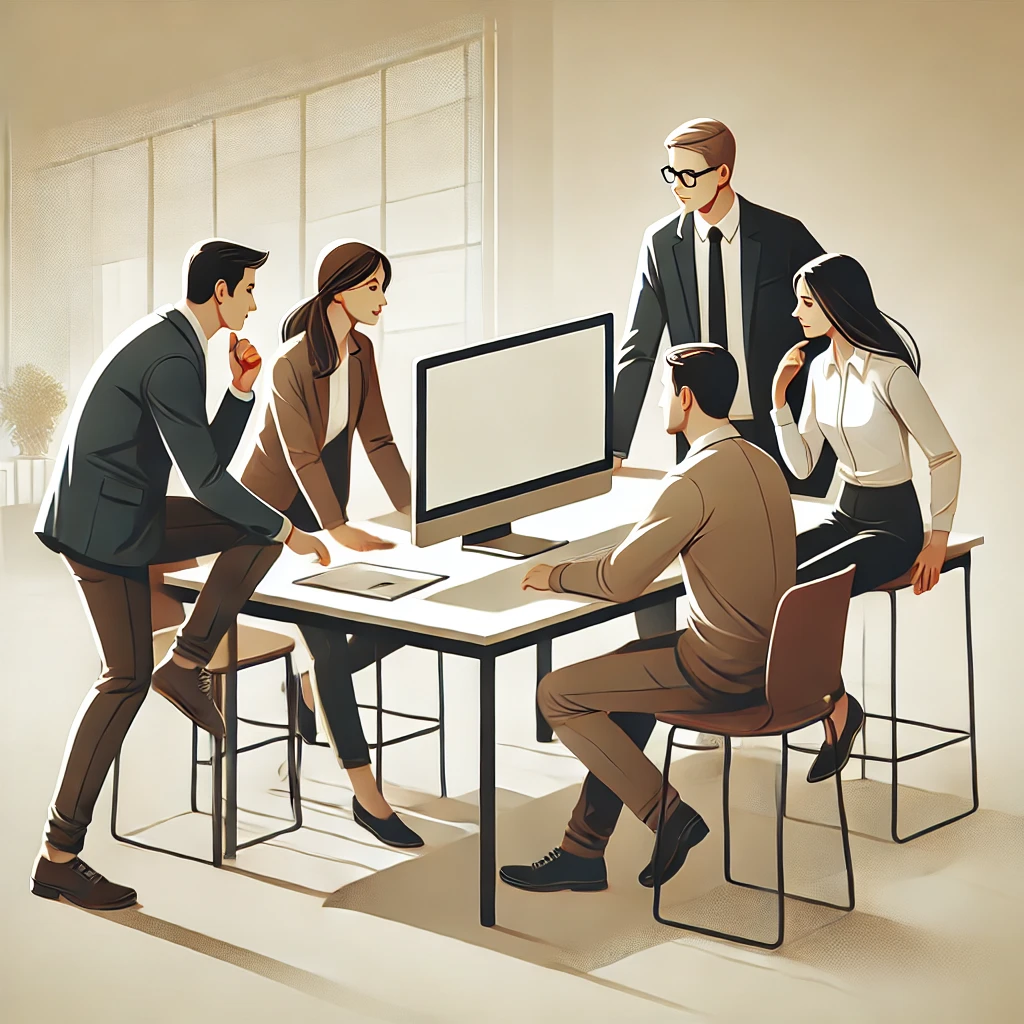 Dall·e 2025 02 13 11.35.15 A Group Of Four People Gathered Around A Table, Actively Discussing A Project While Looking At A Desktop Pc Screen. The Setting Is Modern And Professi