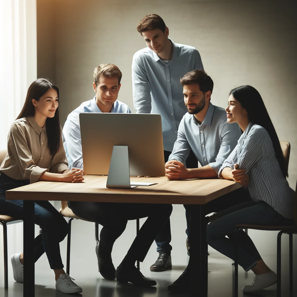 Dall·e 2025 02 13 11.35.22 A Group Of Four People Gathered Around A Table, Attentively Looking At A Desktop Pc Screen. The Setting Is Modern And Professional, With A Collaborati
