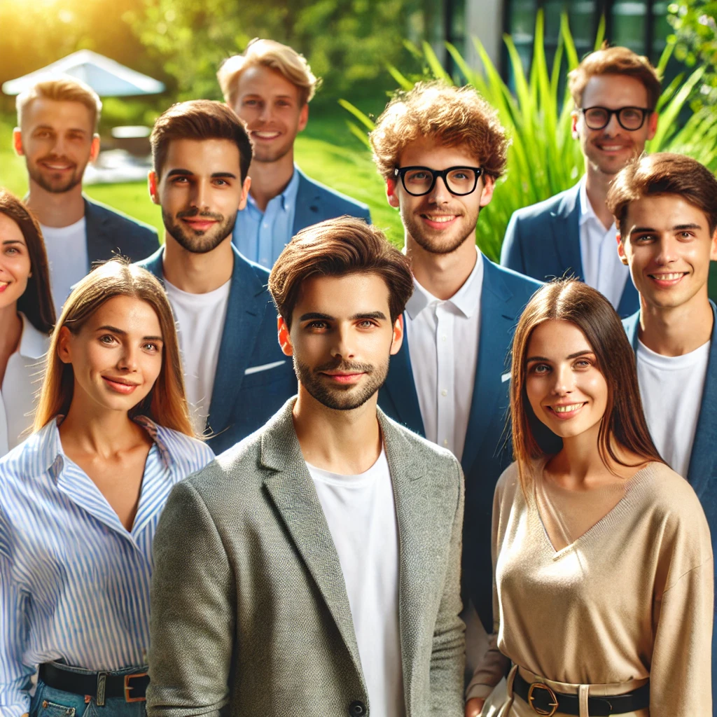 Dall·e 2025 02 13 13.52.31 A Group Of People Standing Together Outdoors, Posing For A Group Photo. They Are Dressed In Professional And Casual Attire, Smiling And Looking At The